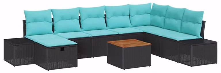 Set da giardino composto da 9 pezzi, colore nero, realizzato in rattan sintetico