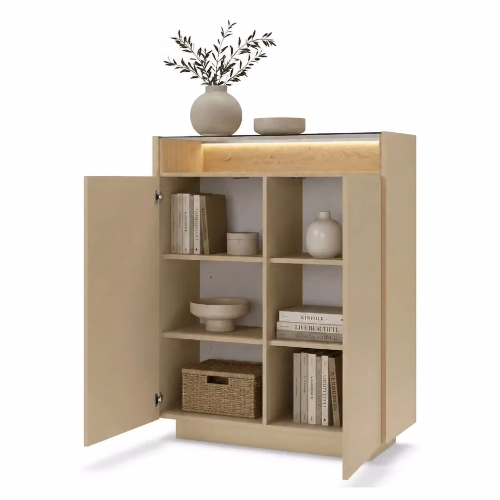 Madia Halane DMORA con illuminazione integrata, Credenza moderna in legno e vetro, L/P/H: 103 x 40 x 119 cm, Beige e Marrone – 2