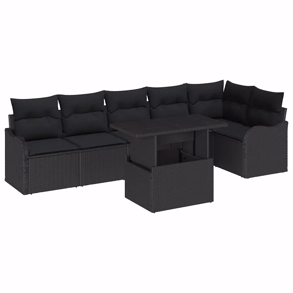 vidaXL Set Divano da Giardino a L 7 Pezzi Nero con Tavolino e Cuscini in Rattan e Acciaio – 2