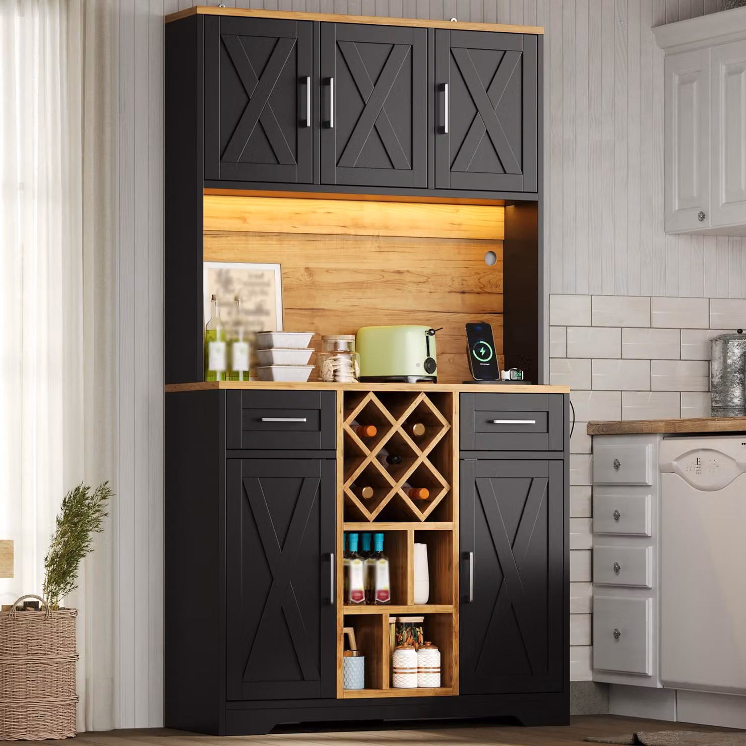 Armadi alti da cucina Flieks da 180 cm con illuminazione a LED, mobiletto alto con ripiani per vini, mobile contenitore per soggiorno e sala da pranzo, colore nero