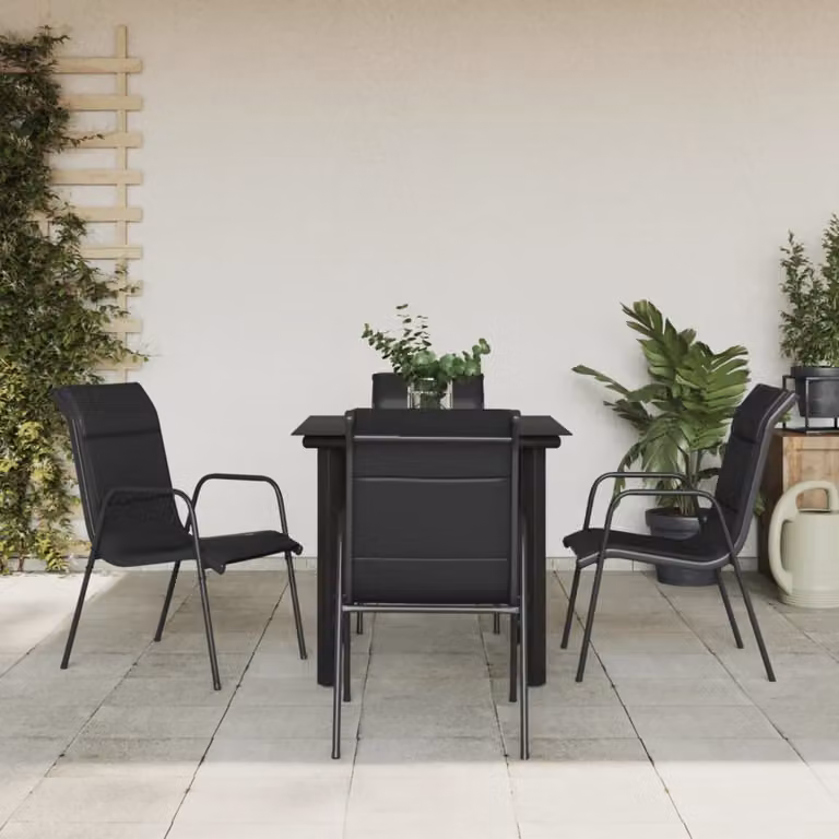 Set da pranzo da giardino vidaXL in 5 pezzi nero antracite con tavolo in vetro e sedie in acciaio e textilene