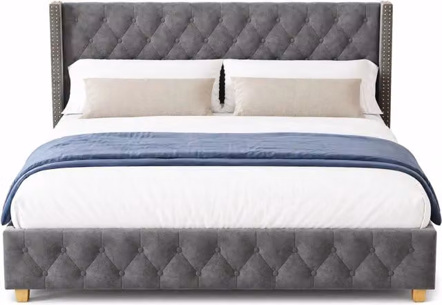 Letto imbottito 160x200 cm in velluto grigio con testiera capitonné, piedi in legno e rete a doghe
