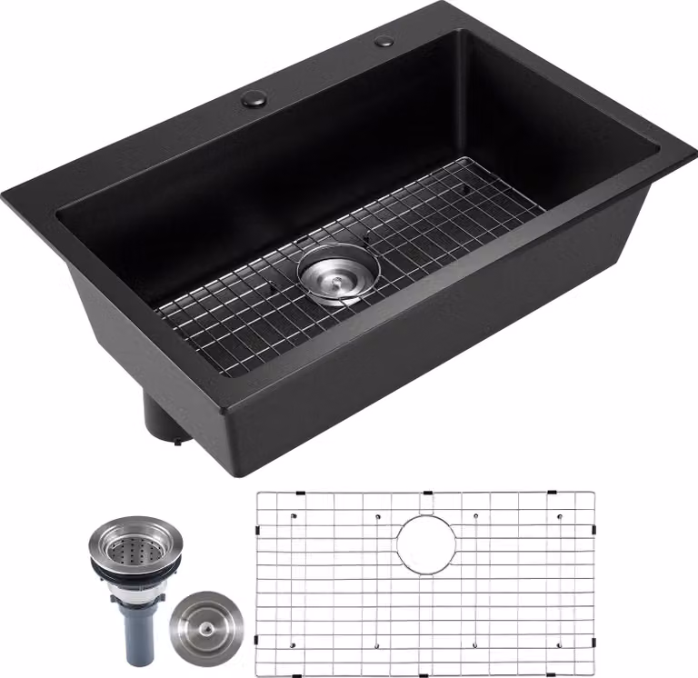 SucceBuy lavello da cucina in granito (838 x 559 x 222 mm) per montaggio in superficie, lavello da incasso in stile country con accessori, lavello per camper, mobili da cucina, bar, nero