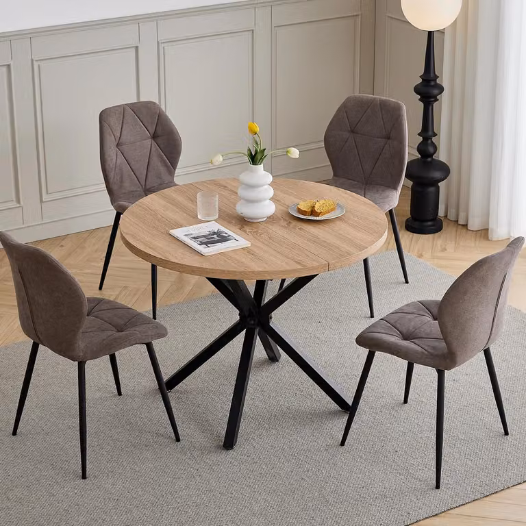 Essgruppe - Tavolo rotondo da pranzo con 4 sedie - Sedie imbottite - Struttura in metallo - Design moderno minimalista - Da montare autonomamente - Colore marrone