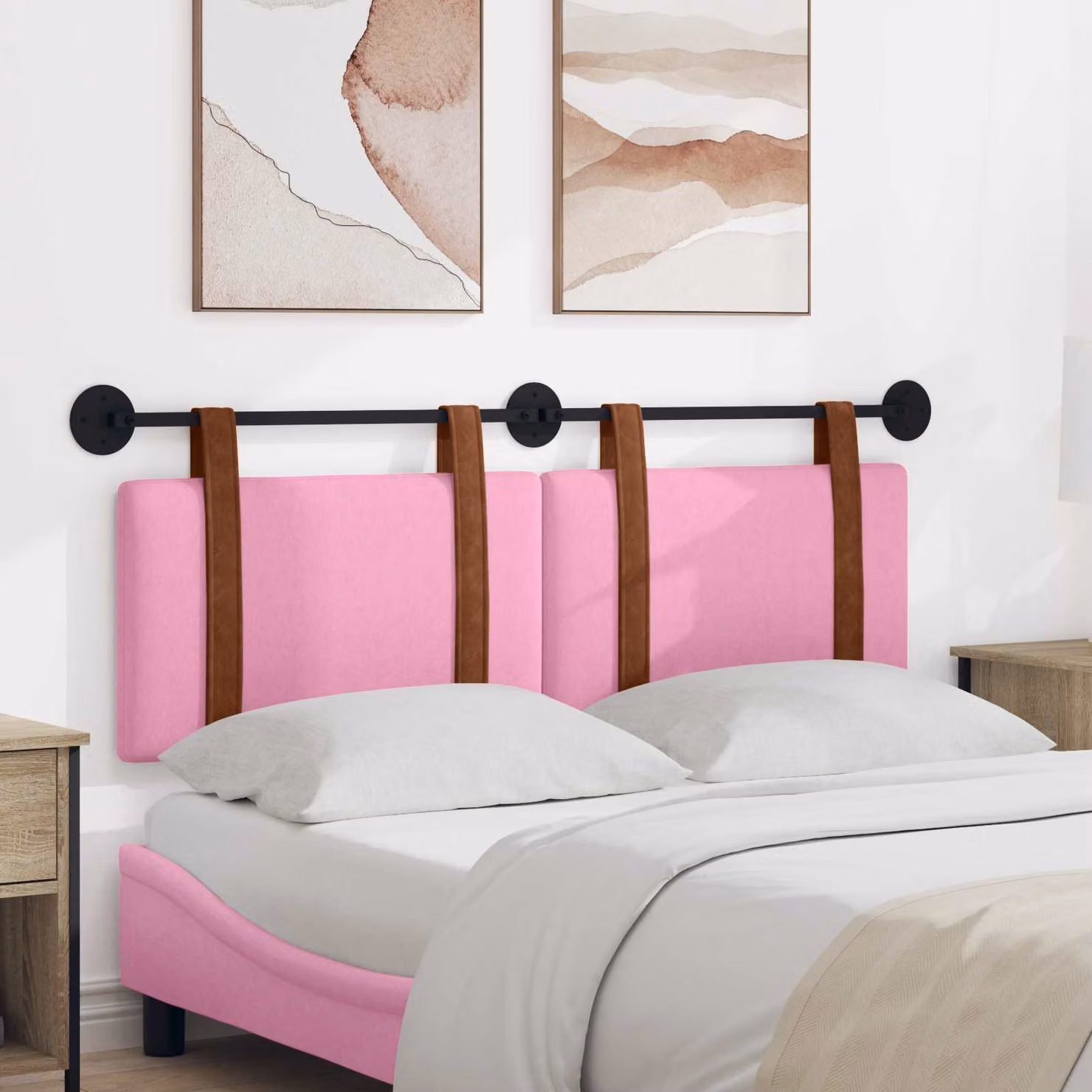 Testiera per letto sospesa vidaXL in similpelle rosa con pannello imbottito e struttura in legno e metallo L 150 x H 55 x P 5 cm
