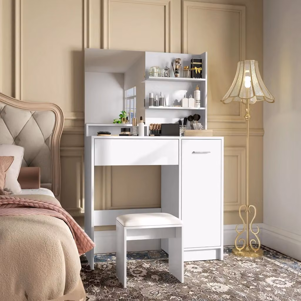 Consolle Trucco con Specchio e Sgabello GIORDANOSHOP Bianco L/P/H: 80 x 40 x 132 cm – 2