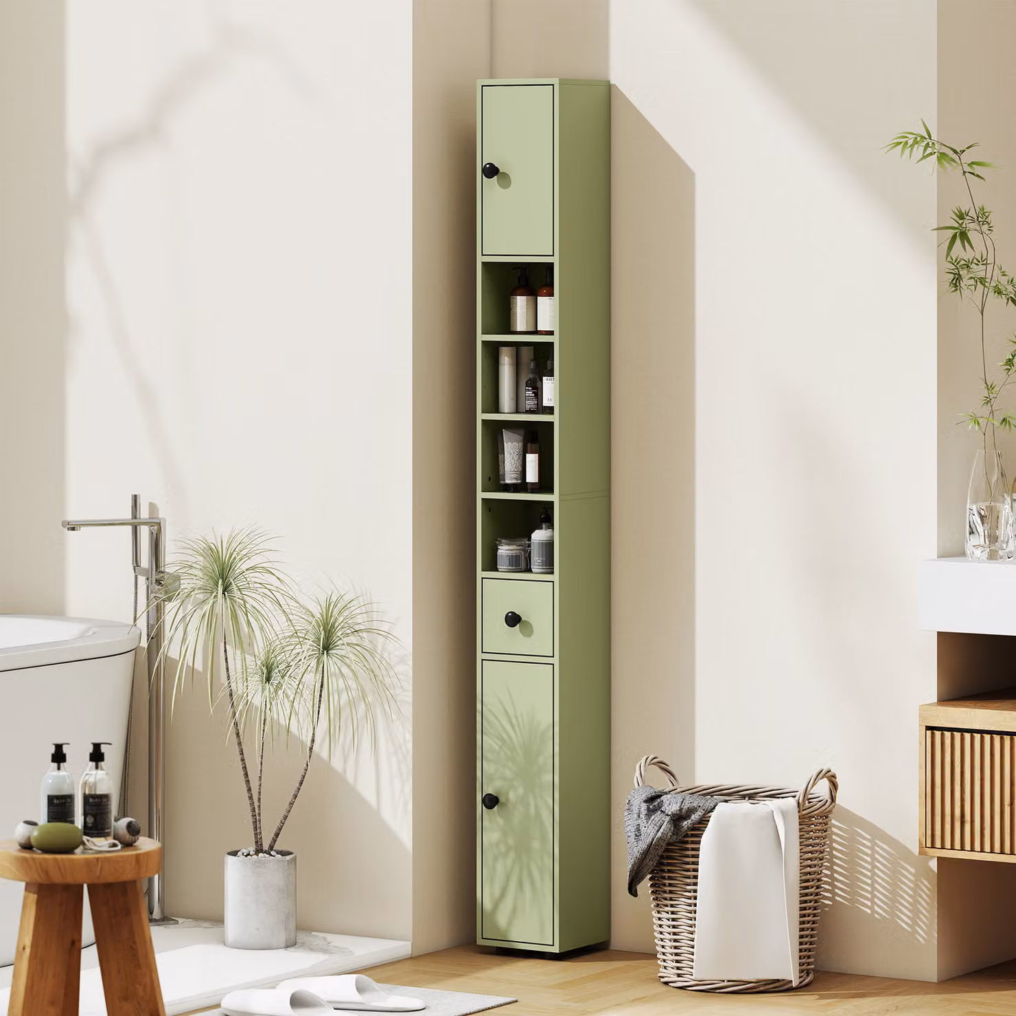 Mobiletto bagno stretto Aosom con cassetto e 4 scomparti aperti, colore verde, L/P/H: 20 x 20 x 180 cm – 2