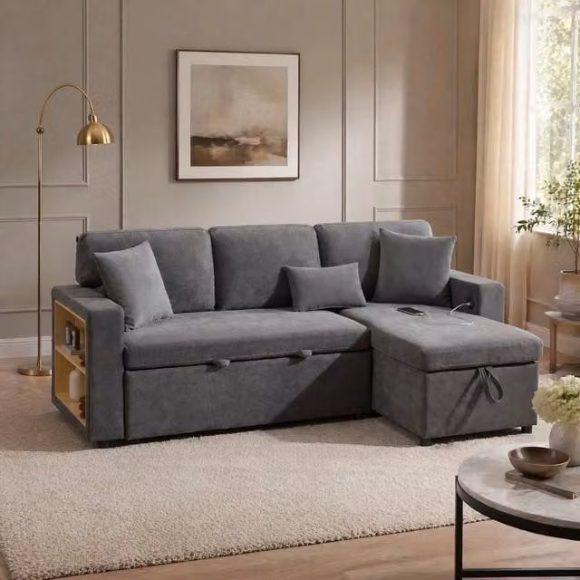 Divano letto MIVRAY con chaise longue reversibile grigio, porta USB, vano contenitore e cuscini inclusi, L/P/H: 214 x 87 x 126 cm