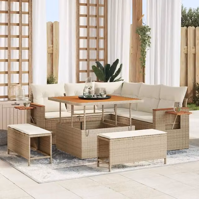 Set Divano da Giardino vidaXL a 9 Pezzi con Tavolino e Pouf, Design Moderno a L, Colore Beige