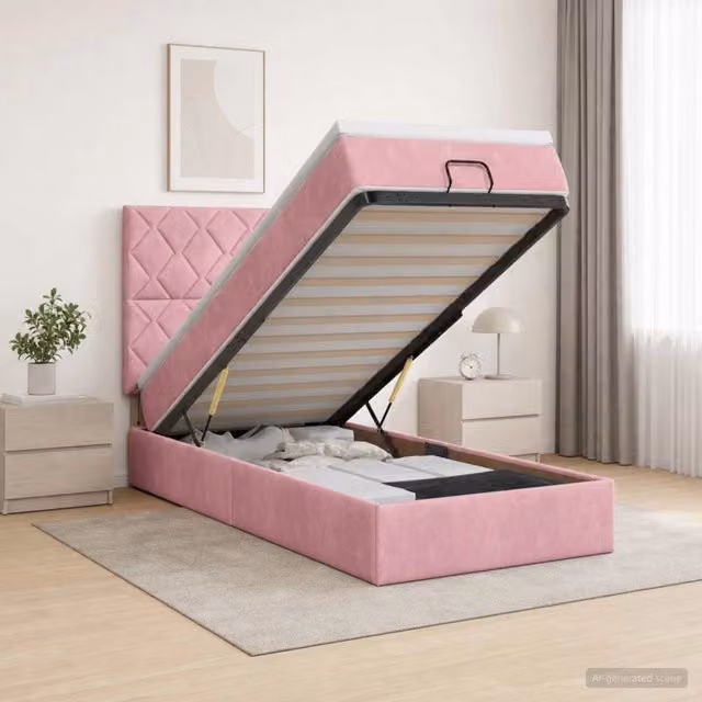 Letto ottomano con contenitore e materasso vidaXL in velluto rosa e bianco, L/P/H: 203 x 90 x 140 cm