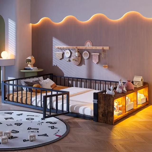 Letto in metallo ULEVR 140x200 cm con sponda di protezione, vano aperto e luci LED, nero