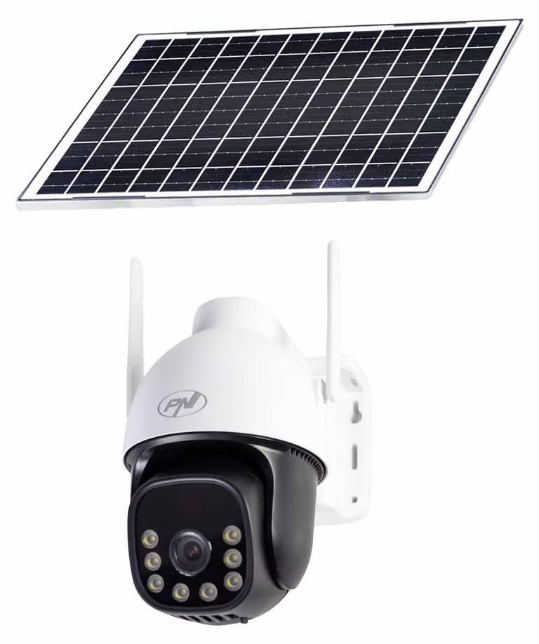Telecamera di videosorveglianza PNI IP74 Live AOV, 4MP, con illuminazione a luce nera, compatibile con reti GSM e 4G, dotata di pannello solare