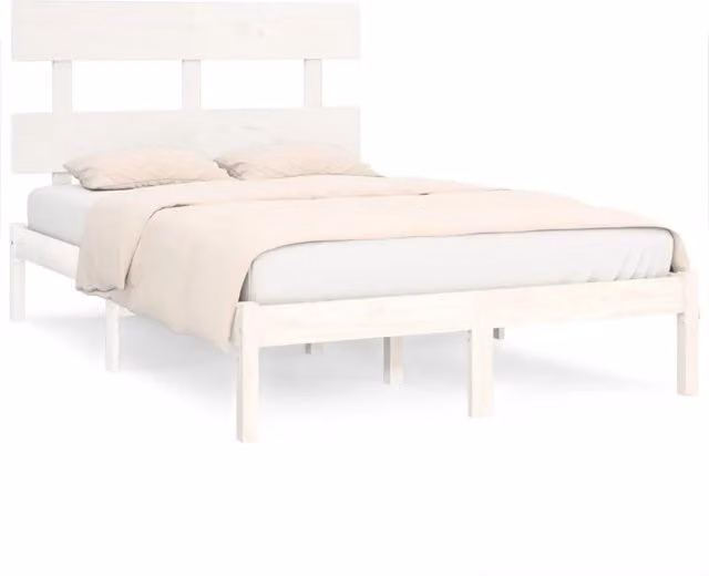 Letto matrimoniale Design In in legno massello di pino laccato bianco, stile rustico, H: 125.5 cm x L: 120 cm x P: 205.5 cm