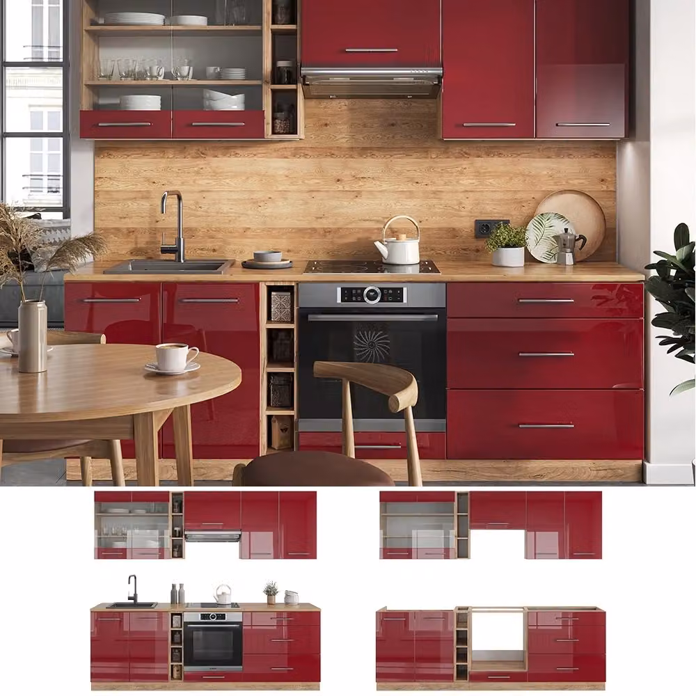 Cucina componibile Fame-Line Vicco Bordeaux lucido e Rovere dorato L: 235 cm – 2