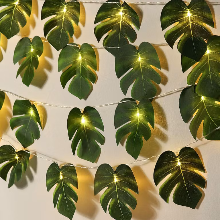 Catena luminosa a forma di foglie di Monstera, con 20 LED, foglie di palma artificiali, decorazione tropicale per feste estive
