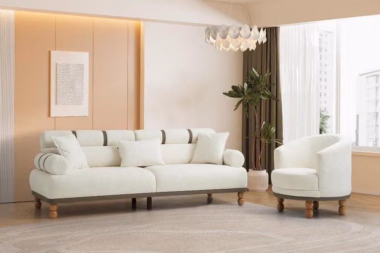 Weiße Wohnzimmer Textilgarnitur Designer Polstercouch Einzelsessel