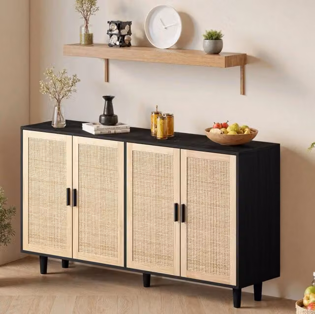 Mobile contenitore moderno con 4 ante in rattan e MDF nero L: 158 cm, P: 40 cm, H: 88 cm