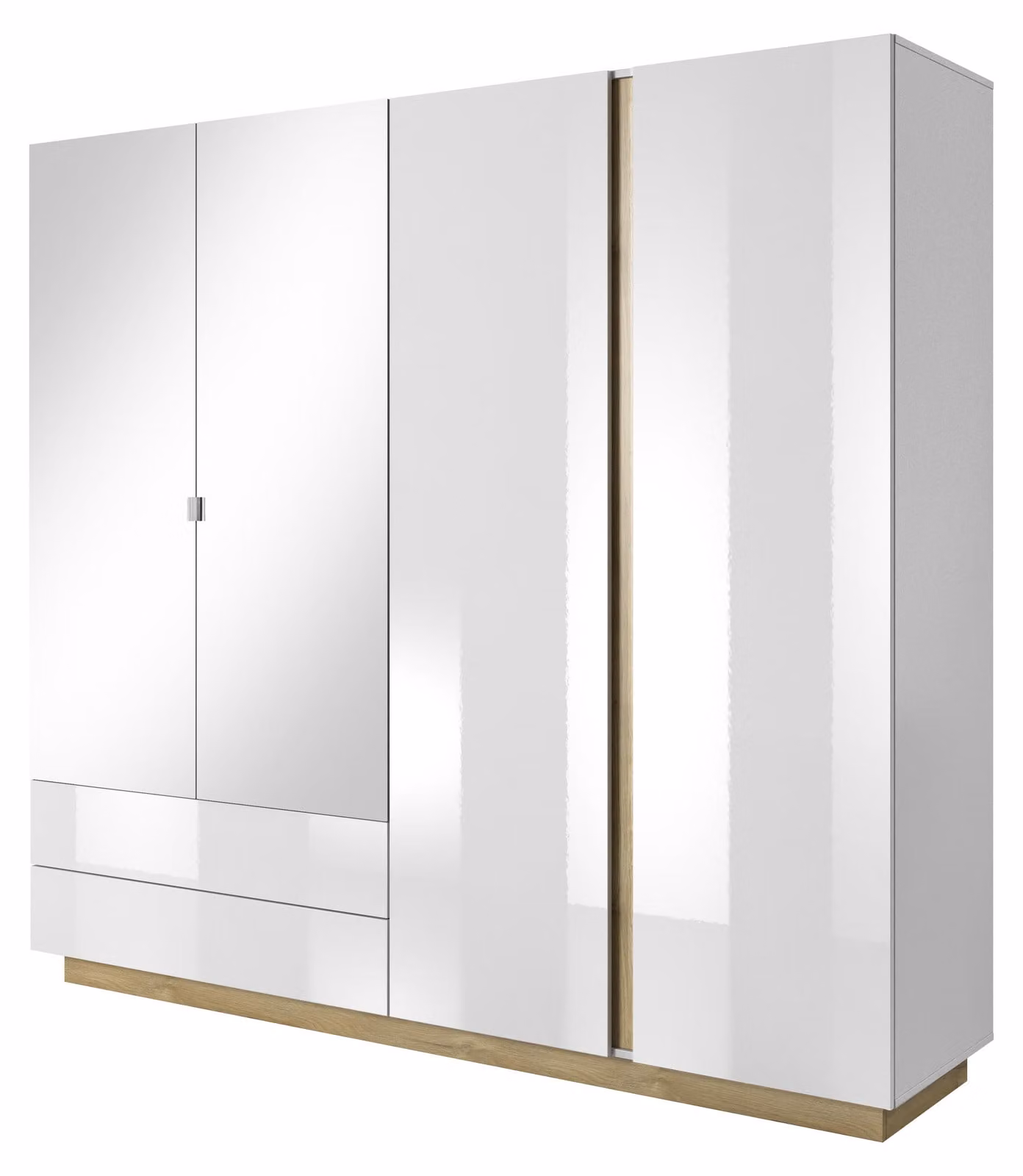 Armadio, bianco + bianco lucido + impiallacciatura di noce, dimensioni 220 x 202 cm, 4 ante, profondità 54 cm