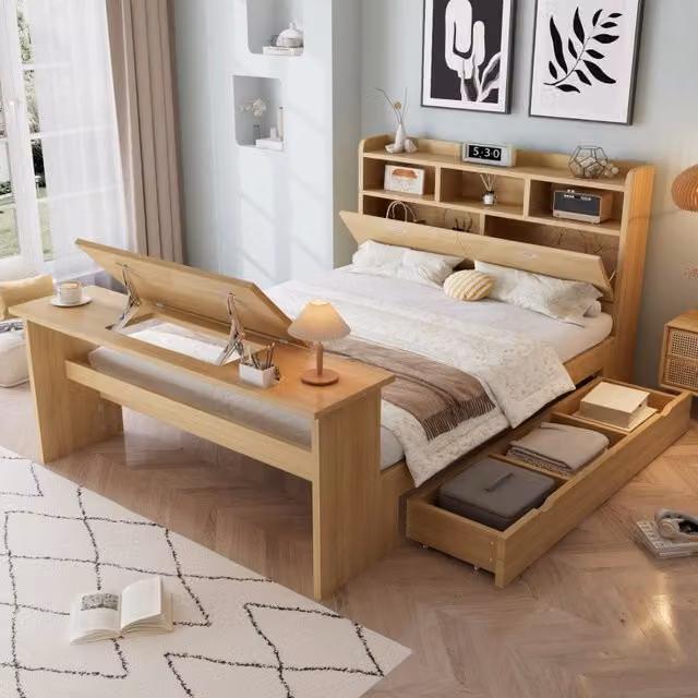 Letto singolo con vano contenitore 140 × 200 cm in legno naturale con tavolo pieghevole regolabile