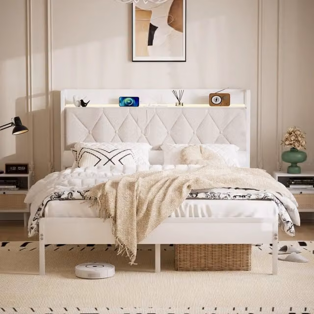 Letto matrimoniale imbottito bianco 140×190 cm con testata trapuntata, luce LED, 2 prese e 2 porte USB, struttura con contenitore, senza materasso
