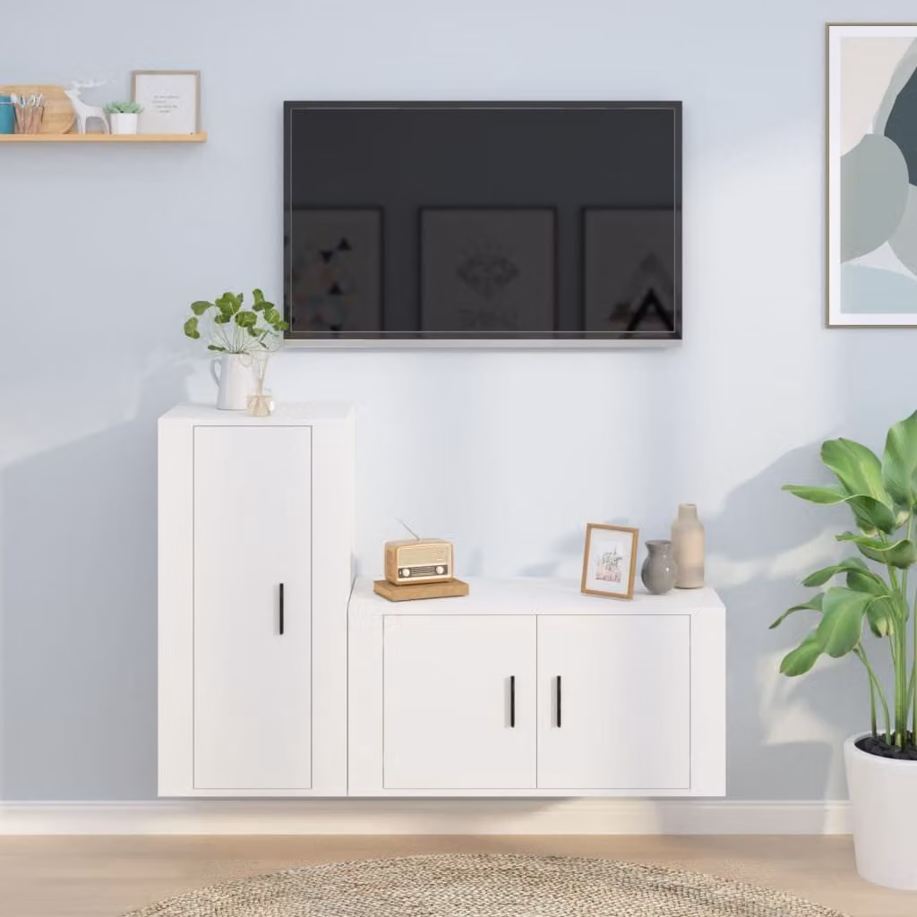 Set di mobili porta TV vidaXL in legno multistrato bianco, design classico da parete, 2 pezzi