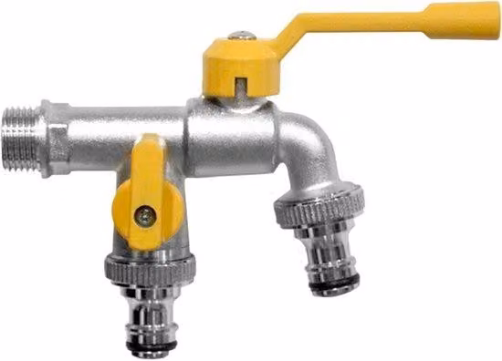 Rubinetto in ottone VHV a due uscite per esterni - 3/4 di pollice - Giallo - Resistente al gelo - Resistente alla ruggine - Sistema di irrigazione - Giardino - Valvola a sfera - 2 uscite
