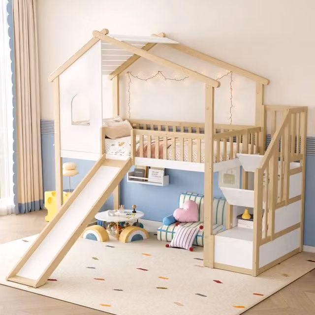 Letto a soppalco singolo REDOM in legno di pino con scivolo e scale, colore Naturale e Bianco, L/P/H: 200 x 90 x 256 cm