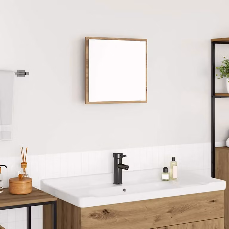 Specchio da bagno moderno con luce LED vidaXL in legno rovere marrone L: 40 cm, H: 37 cm, P: 8,5 cm