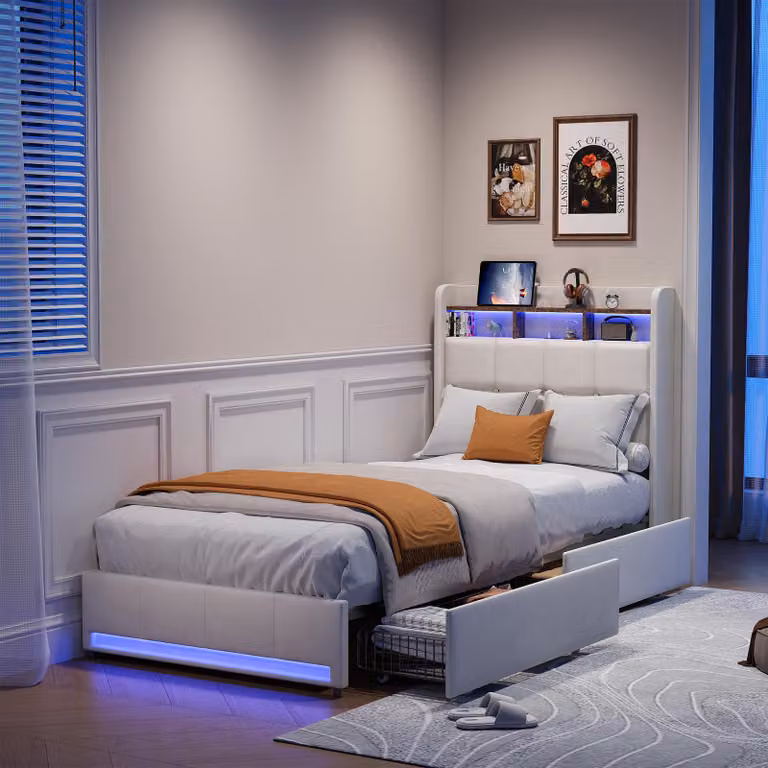 Letto imbottito UnboxG 90x200 cm, beige - letto singolo con cassetto, luce LED, connessione USB e Type-C, letto contenitore, rete a doghe