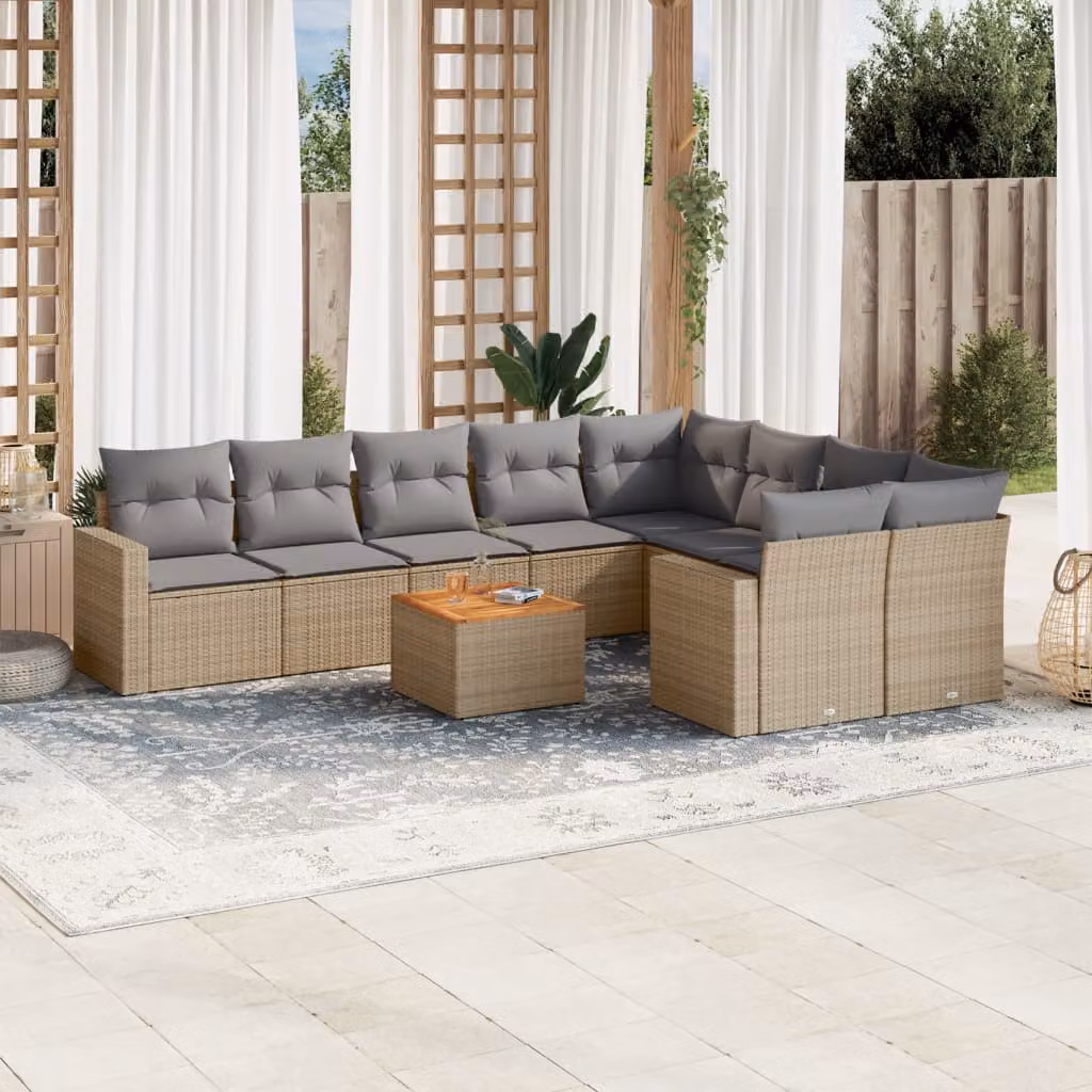 Set Divano da Giardino vidaXL 10 pz con Cuscini Beige e Tavolino in Polyrattan e Legno di Acacia – 1