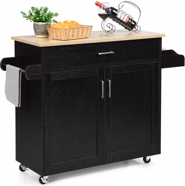 Isola da cucina su ruote HELLOSHOP26 in MDF nero con design moderno e piano di lavoro L: 116 cm, P: 40 cm, H: 85 cm