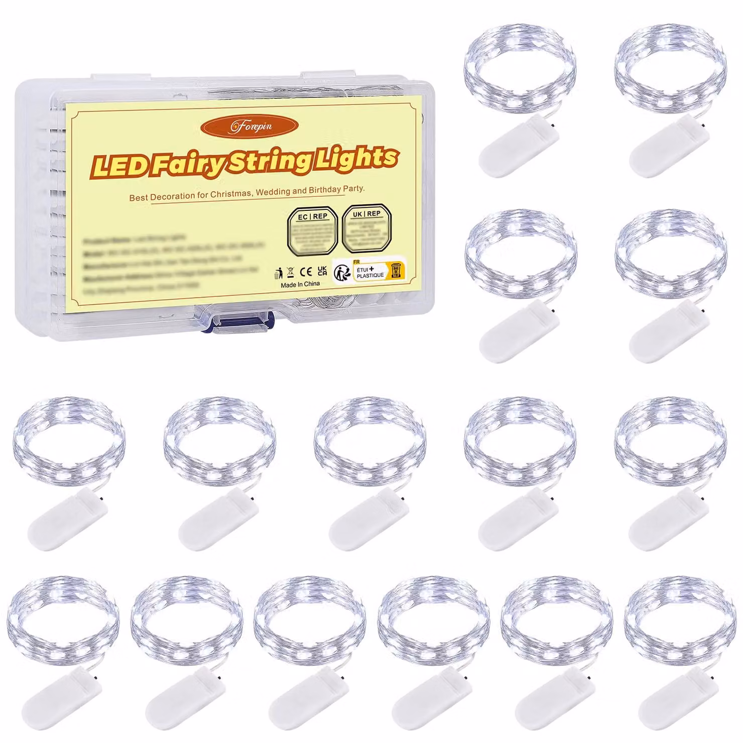 Catena luminosa, set da 15 elementi, 2 metri, 20 LED, filo di rame, alimentazione a batteria