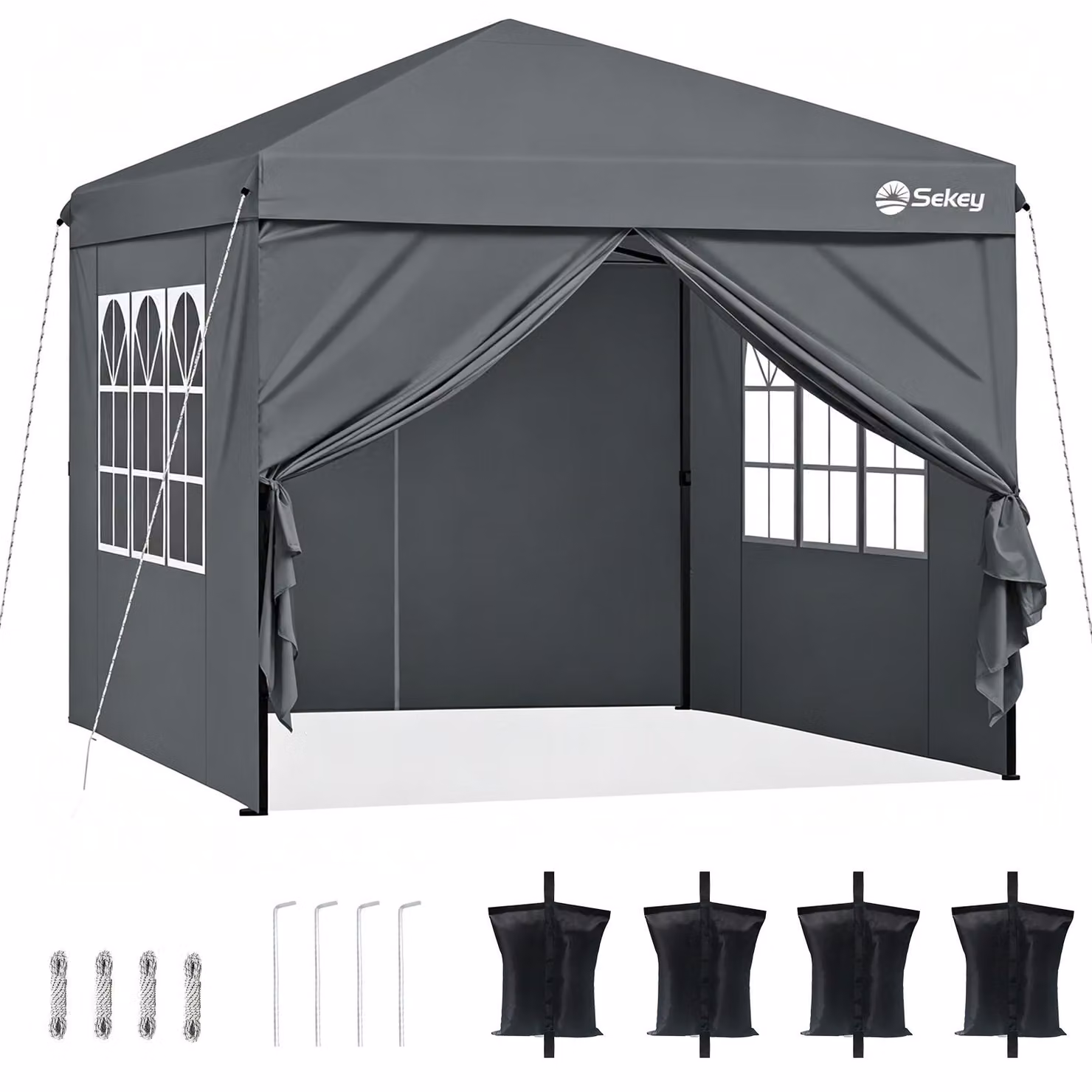 Gazebo pieghevole Sekey 3x3 con 4 pareti laterali e 4 sacchi di sabbia, gazebo pop up impermeabile per campeggio, festival, eventi, picnic, grigio