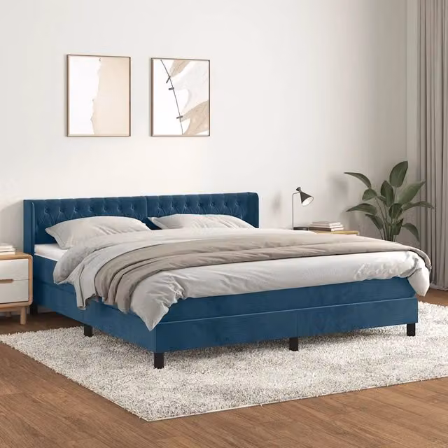 Letto Ibrido vidaXL con Giroletto a Molle e Materasso in Velluto Blu e Bianco L/P/H: 160 x 200 x 88 cm