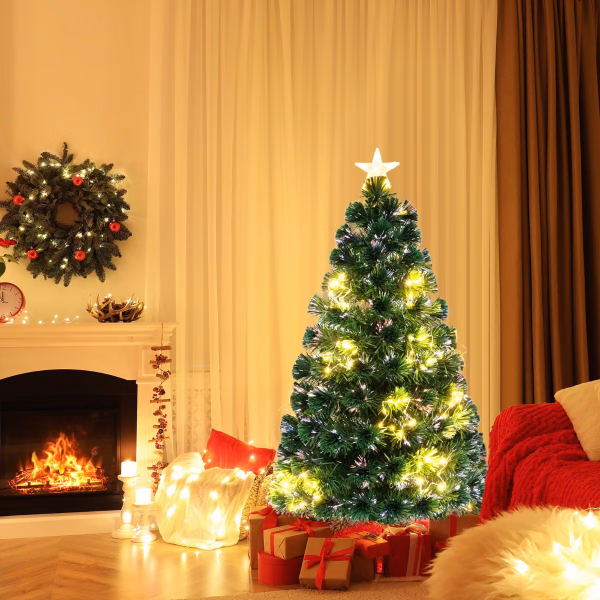Albero di Natale in fibra ottica Costway verde con luci LED warm white e decorazione a stella, Altezza: 120 cm