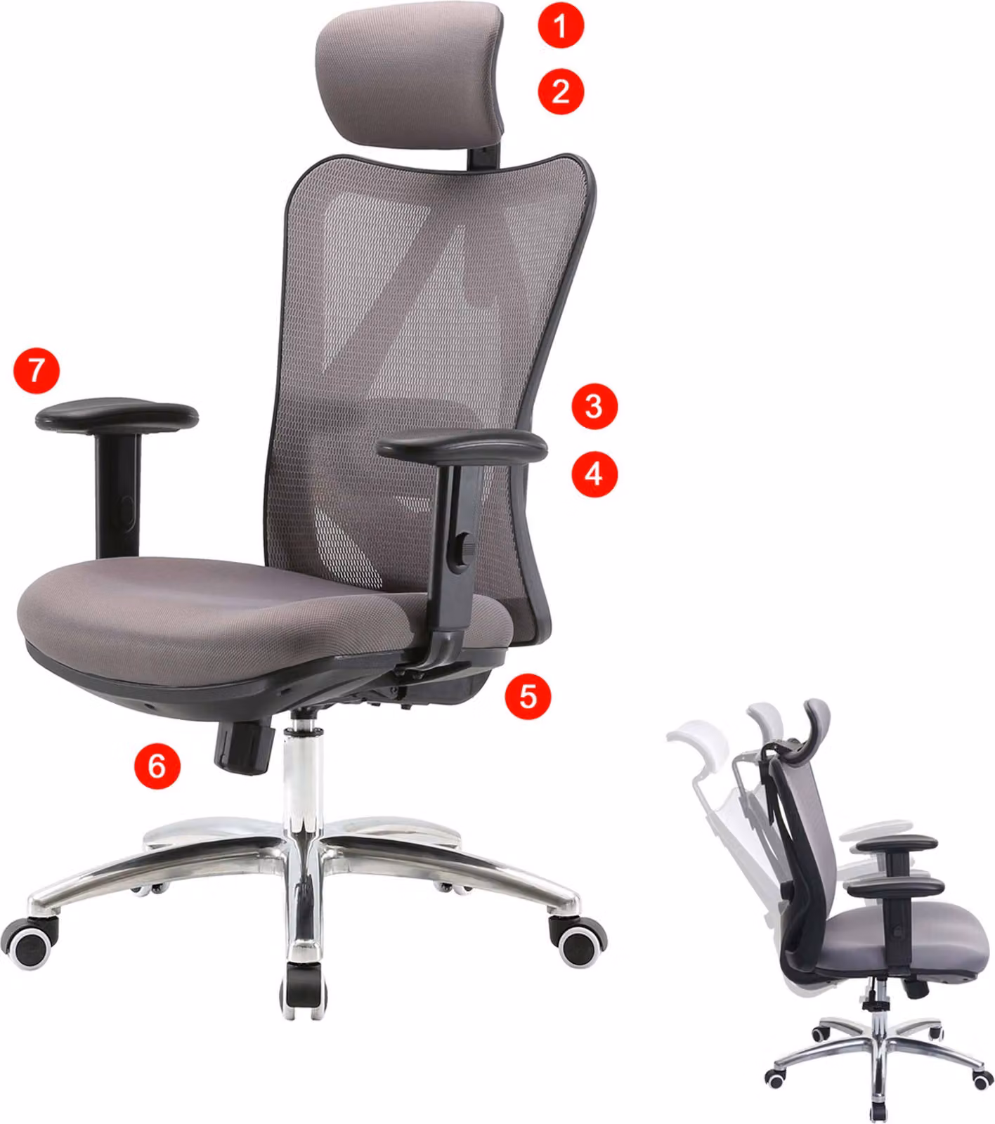 Sedia da ufficio SIHOO, ergonomica, supporto lombare regolabile, portata 150 kg ~ senza poggiapiedi, grigio