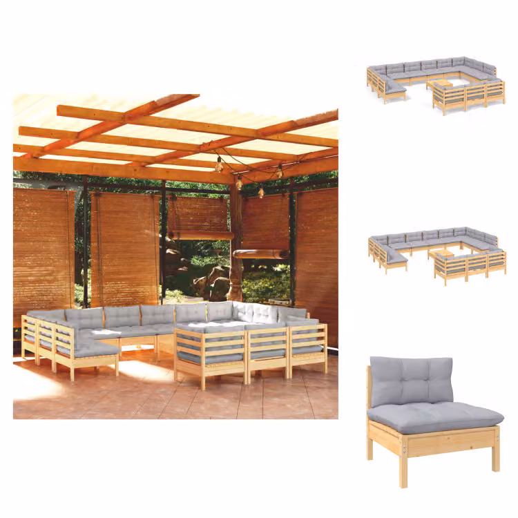vidaXL set da salotto da giardino 14 pezzi con cuscini grigi in legno di pino - Set di mobili da giardino