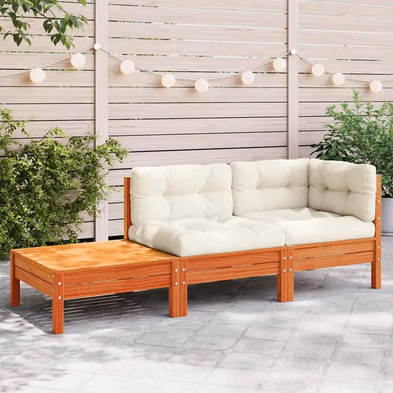 vidaXL Divano da Giardino ad L con Cuscini e Poggiapiedi in Legno Massello di Pino, Marrone e Beige