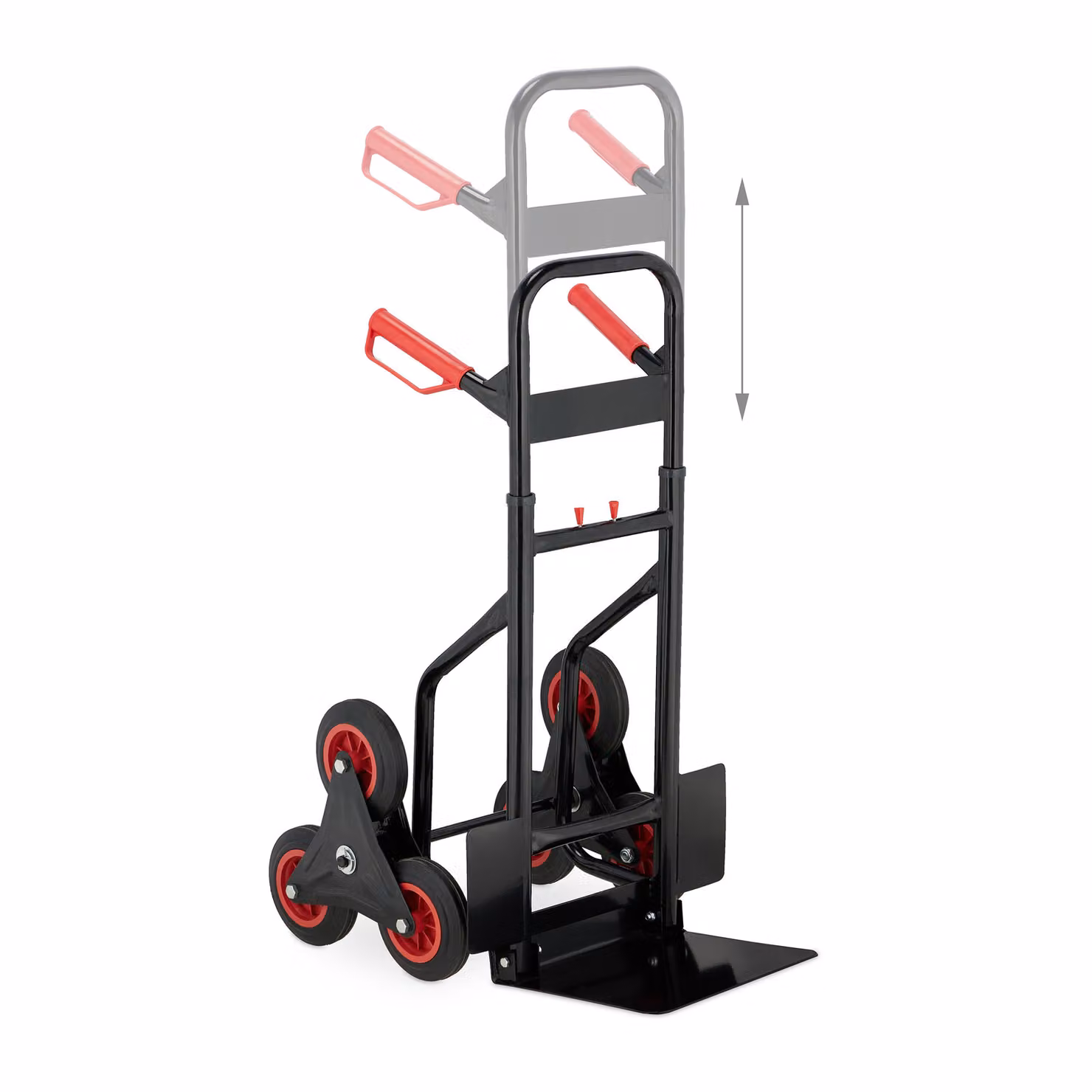 Carrello saliscale Relaxdays, carrello da trasporto pieghevole, fino a 200 kg, ruote in gomma piena, regolabile in altezza, nero/rosso