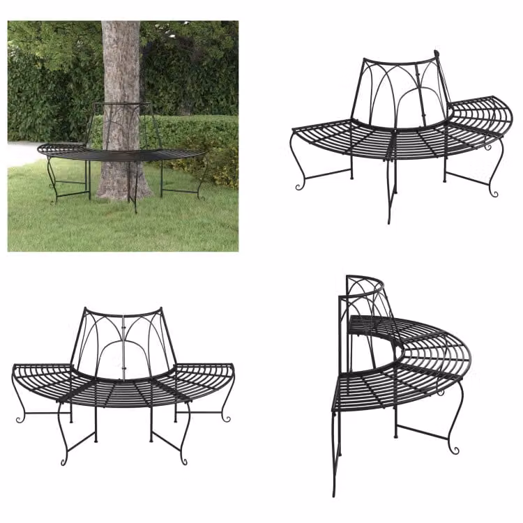 vidaXL Panca semicircolare per alberi Ø159 cm in acciaio nero - Panca per alberi - Panca per alberi - Panca - Seduta per panchina