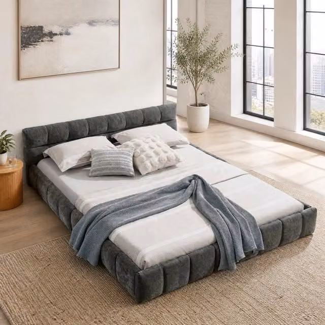 Letto matrimoniale 160x200 cm in ciniglia con trapuntatura quadrata; struttura in eucalipto e ferro; grigio scuro