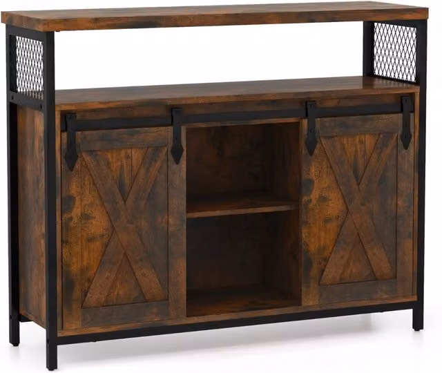 Mobile credenza con ante scorrevoli 3 ripiani regolabili e scomparti aperti, Mobile bar caff¨¨ stile rustico Marrone-Credenze buffet