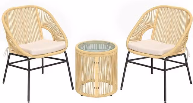 Set bistrot Outsunny in rattan beige composto da 3 pezzi con tavolo in vetro e 2 sedie con cuscini