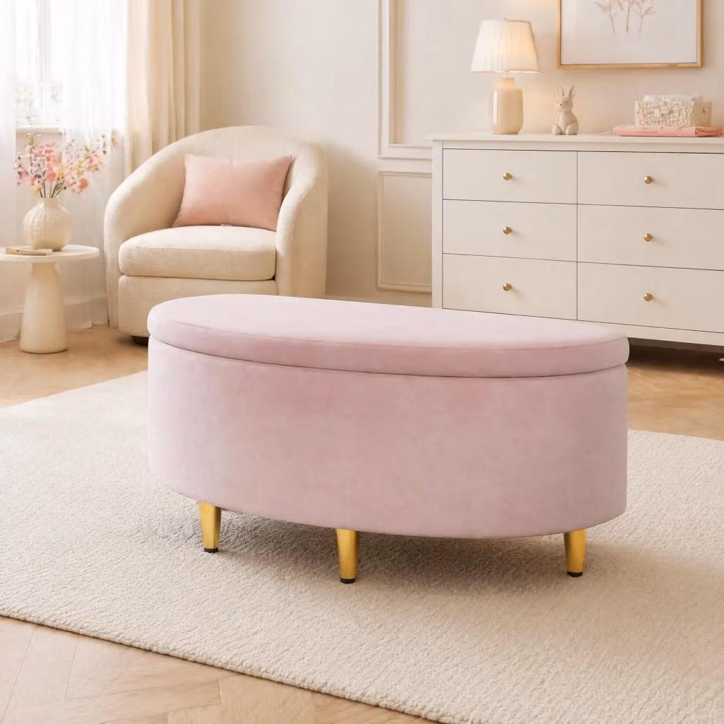 Panca contenitore MODFU in velluto rosa, pouf imbottito con spazio portaoggetti, L 90 x P 40 x H 42 cm – 2