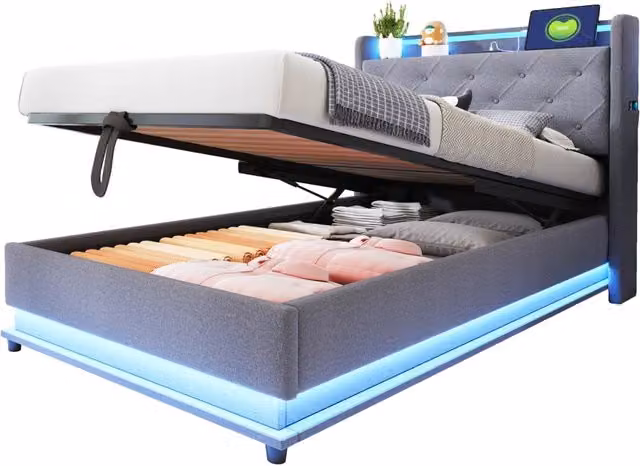 Letto singolo imbottito 90x200 in lino grigio con contenitore idraulico e luci LED