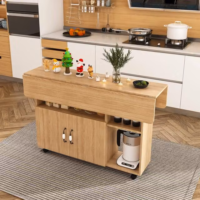 Tavolo da pranzo rettangolare pieghevole e mobile 110x70x80 cm, finitura rovere chiaro, con 5 ripiani e 5 ruote girevoli (4 con freno), salvaspazio per cucina, ufficio