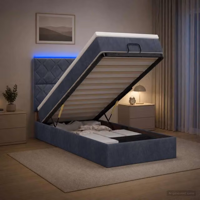 Letto Ottomano vidaXL con Materasso, Illuminazione LED e Porte USB, Rivestimento in Velluto Grigio e Bianco, L/P/H: 190 x 90 x 140 cm – 1