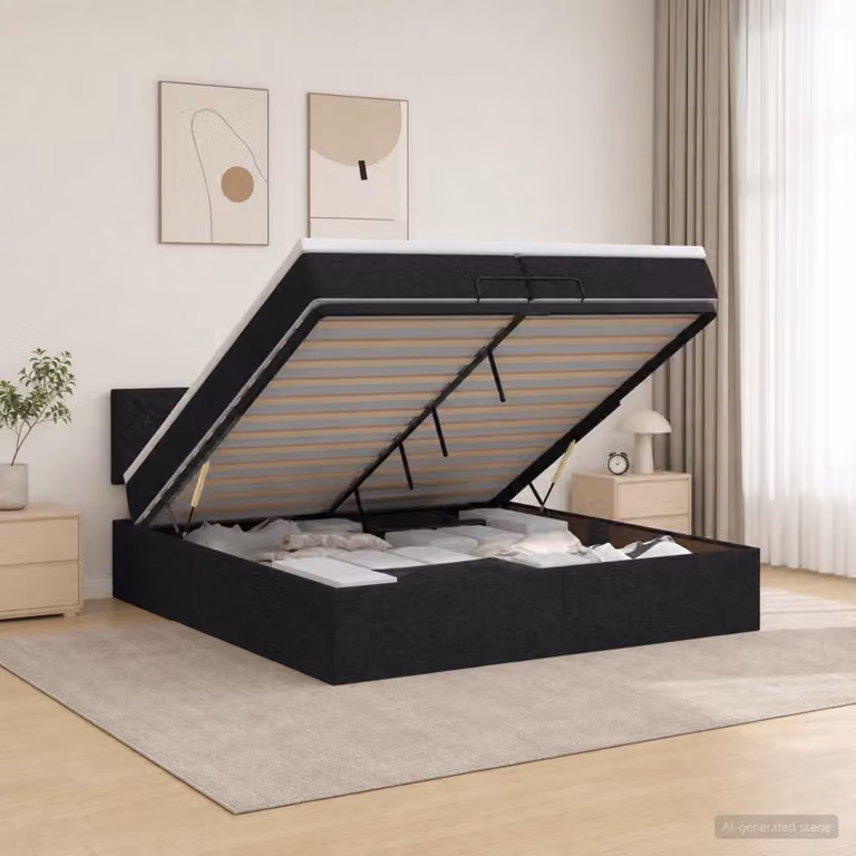 vidaXL Letto ottomano moderno con materasso nero in tessuto e struttura in legno e metallo L/P/H: 200 x 200 x 140 cm