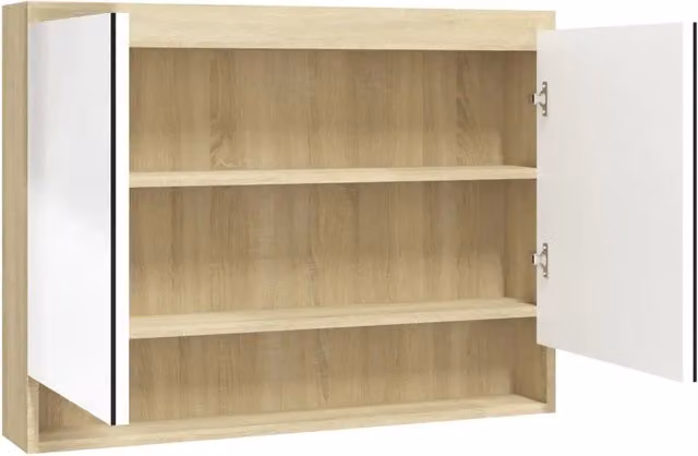 Armadietto da bagno moderno DESIGN IN con specchio e ante in vetro, L: 80 cm, P: 15 cm, H: 60 cm, in MDF bianco e rovere