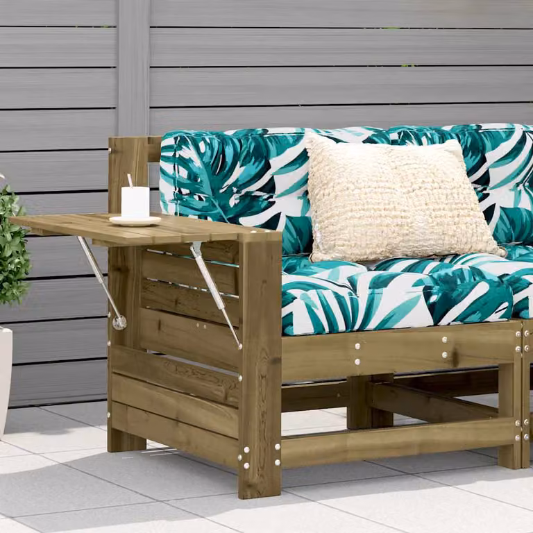 vidaXL Divano da giardino senza braccioli con tavolino in pino e cuscini a fantasia floreale marrone e multicolore